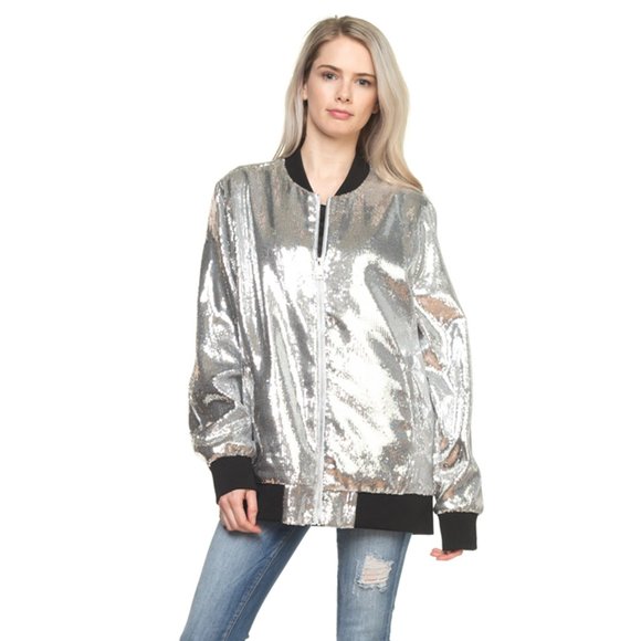 UNISEX, Men's SIZE Solid Sequin Slim-Fit Bomber Jacket, Silver - Picture 6 of 6